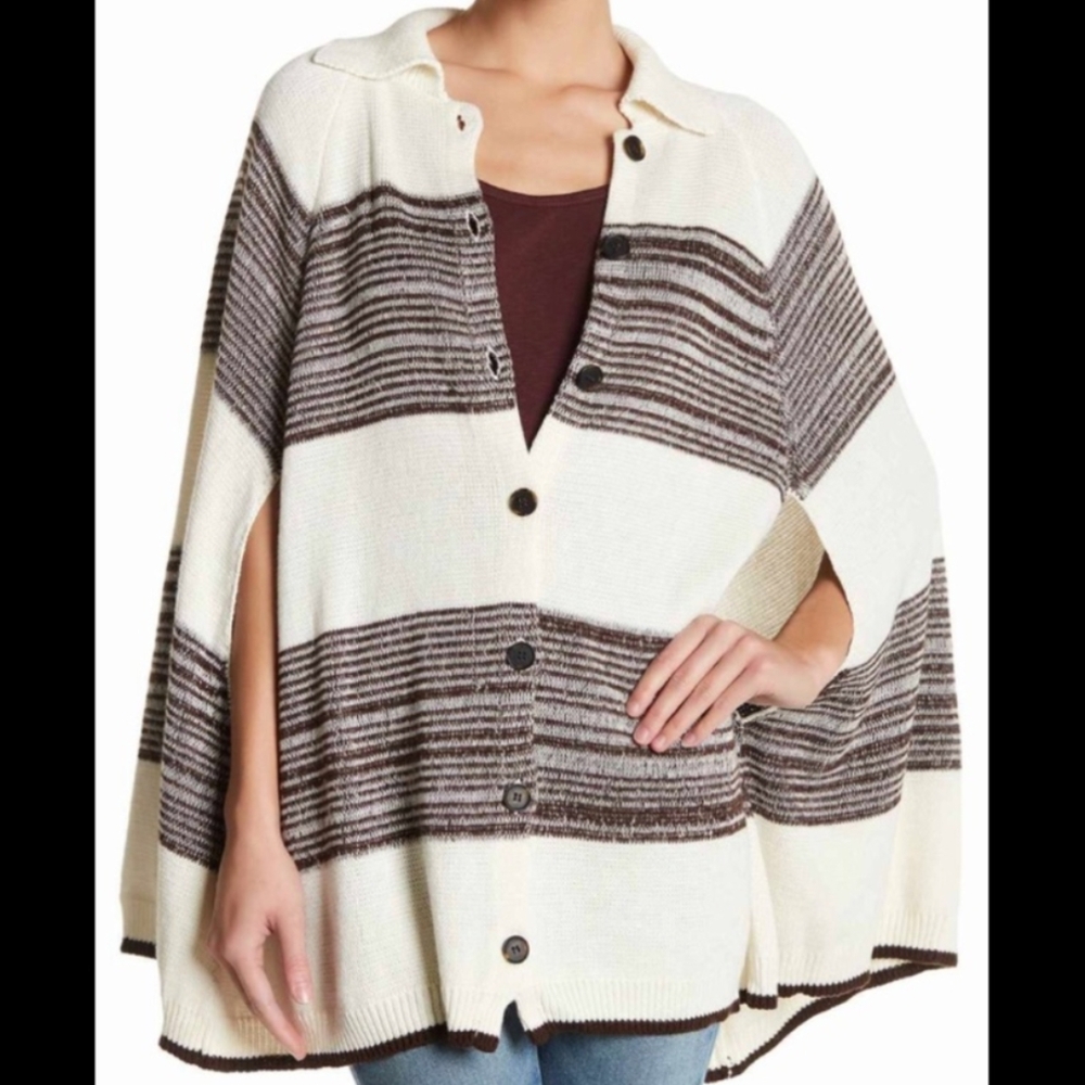 Michael Stars Brown and Cream/White Shawl Cape Knot‎ Poncho Size M/L